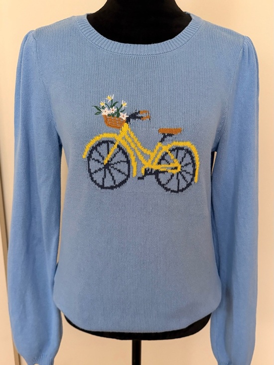 LOFT Sweaters - LOFT Sky Blue Puff Sleeve Parisian Chic Bicycle Classic Americana Knit Sweater-M